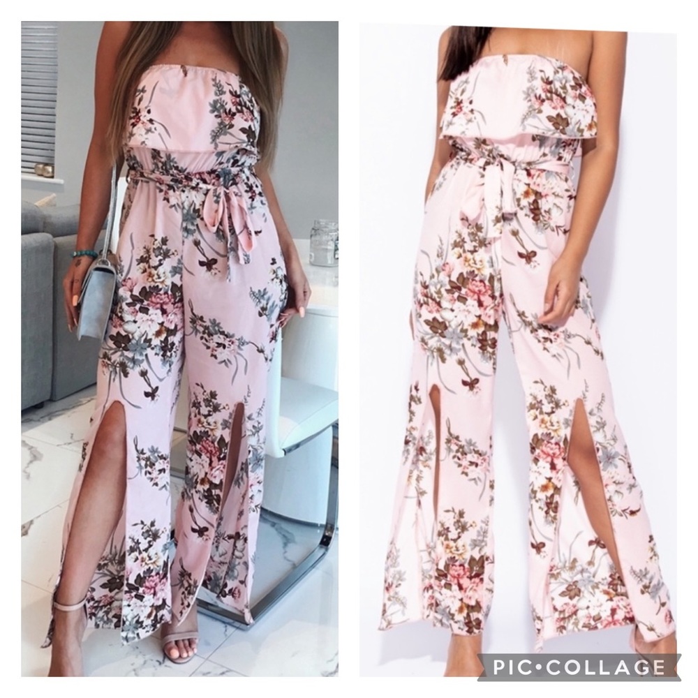 Pink Strapless Floral Print Jumpsuit with Leg Slit